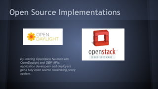 Open Source Implementations 
By utilizing OpenStack Neutron with 
OpenDaylight and GBP APIs, 
application developers and deployers 
get a fully open source networking policy 
system. 
 