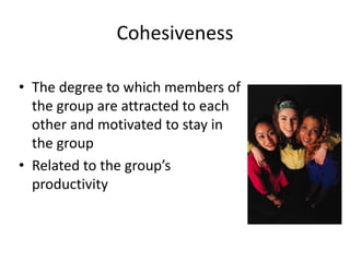 Cohesiveness
• The degree to which members of
the group are attracted to each
other and motivated to stay in
the group
• Related to the group’s
productivity
 