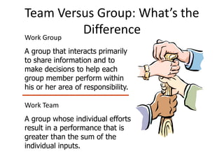 Team Versus Group: What’s the
Difference
Work Group
A group that interacts primarily
to share information and to
make decisions to help each
group member perform within
his or her area of responsibility.
Work Team
A group whose individual efforts
result in a performance that is
greater than the sum of the
individual inputs.
 