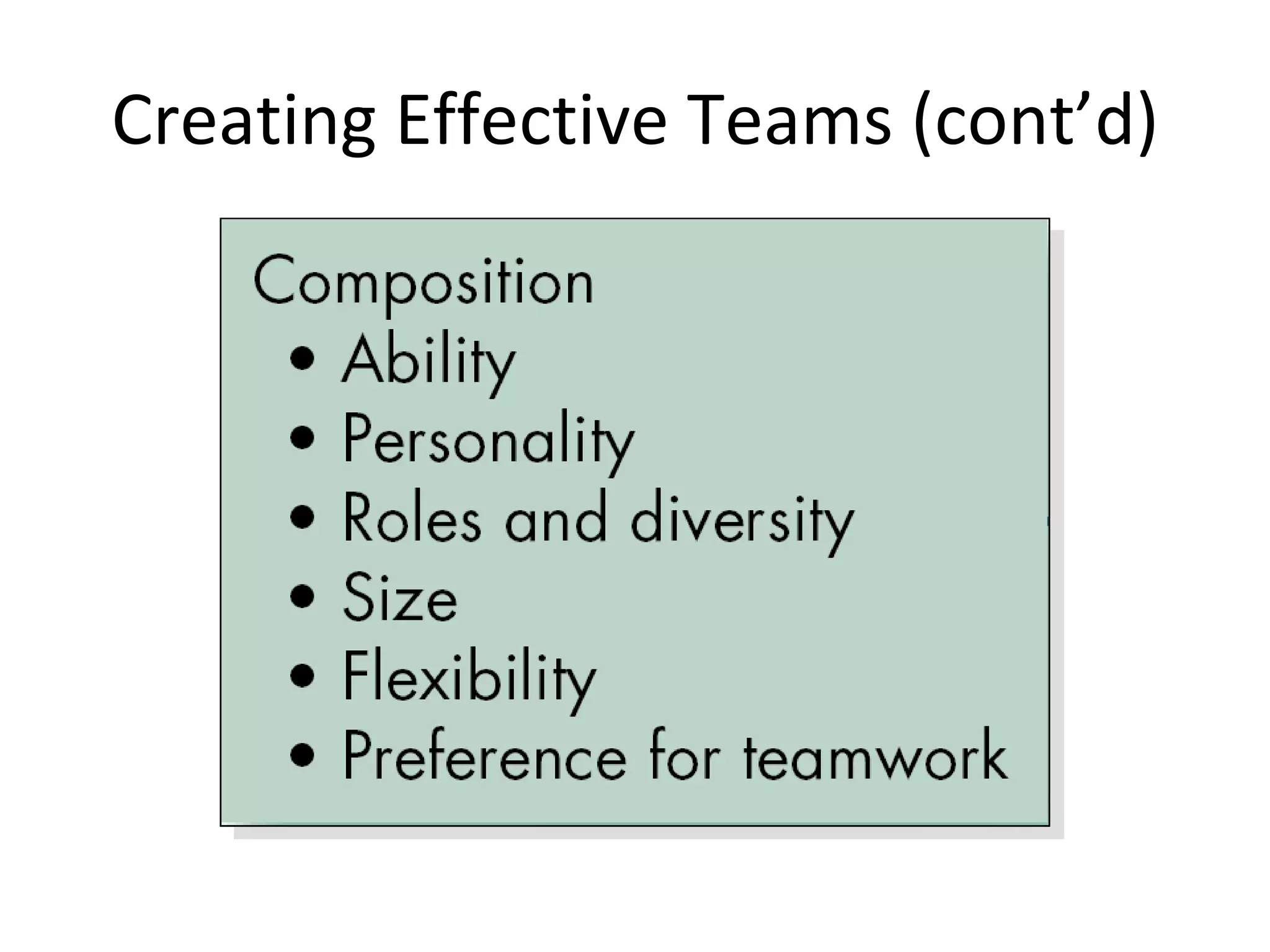 Creating Effective Teams (cont’d) 