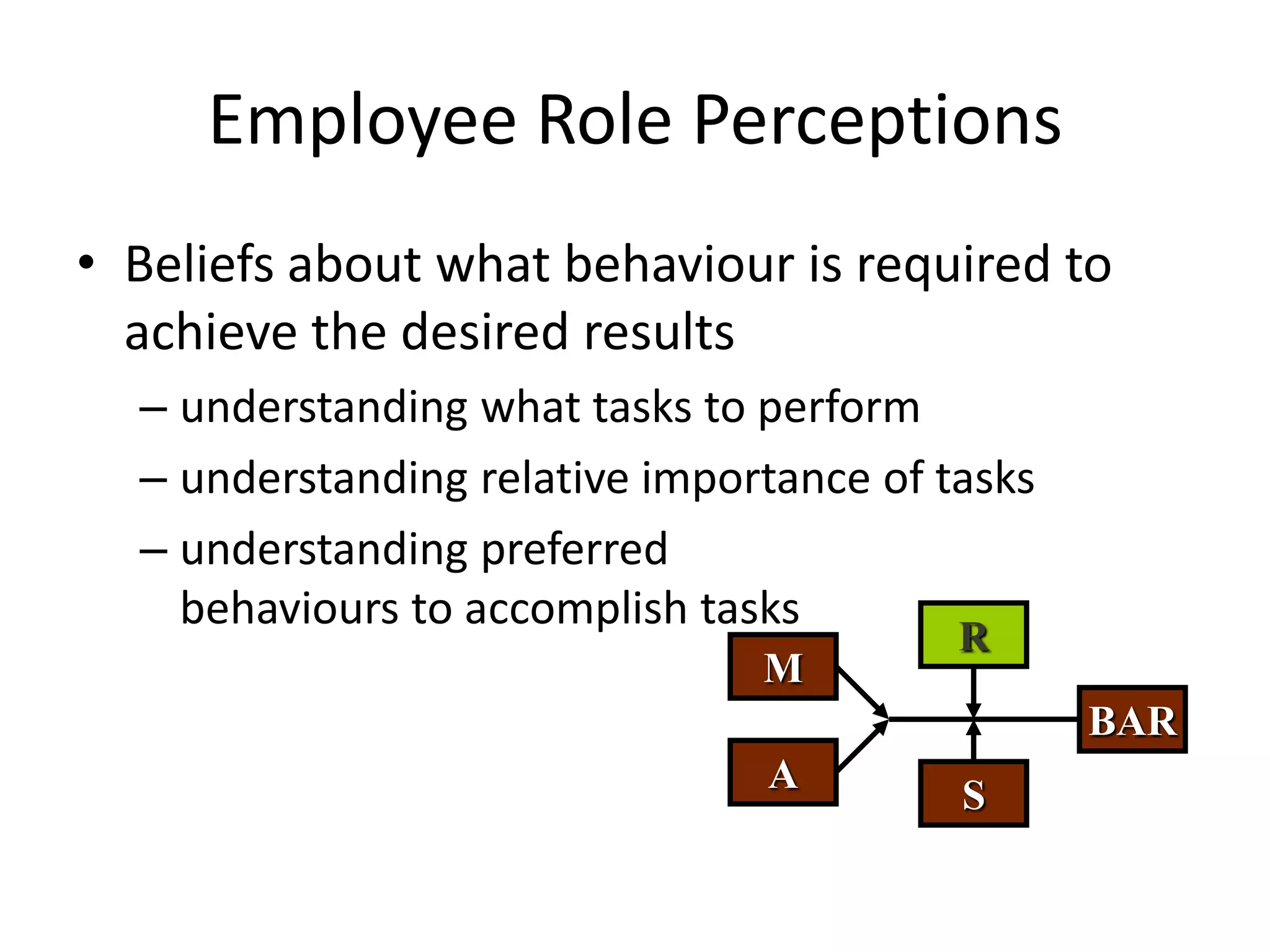 M
A
R
S
BAR
Employee Role Perceptions
• Beliefs about what behaviour is required to
achieve the desired results
– understanding what tasks to perform
– understanding relative importance of tasks
– understanding preferred
behaviours to accomplish tasks
 