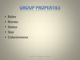• Roles
• Norms
• Status
• Size
• Cohesiveness
15
MAEER's MIT College Of Management,
Pune
 