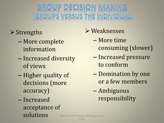  Strengths
– More complete
information
– Increased diversity
of views
– Higher quality of
decisions (more
accuracy)
– Increased
acceptance of
solutions
 Weaknesses
– More time
consuming (slower)
– Increased pressure
to conform
– Domination by one
or a few members
– Ambiguous
responsibility
24
MAEER's MIT College Of Management,
Pune
 