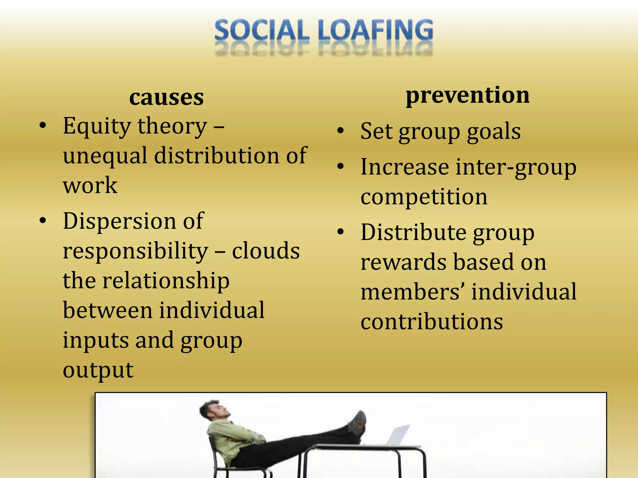 causes prevention
• Equity theory –
unequal distribution of
work
• Dispersion of
responsibility – clouds
the relationship
between individual
inputs and group
output
• Set group goals
• Increase inter-group
competition
• Distribute group
rewards based on
members’ individual
contributions
 