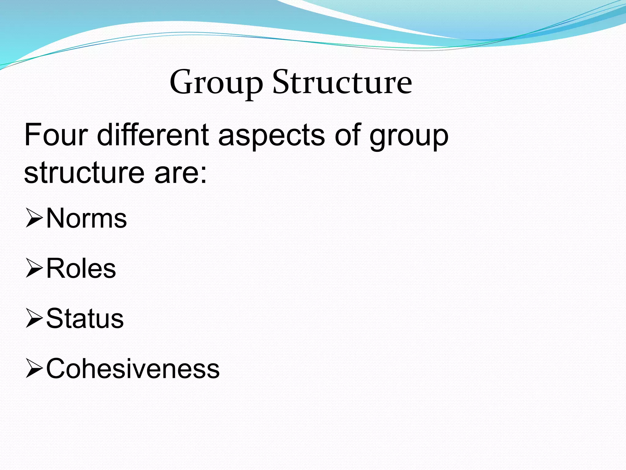 Group Structure 
Four different aspects of group 
structure are: 
Norms 
Roles 
Status 
Cohesiveness 
 