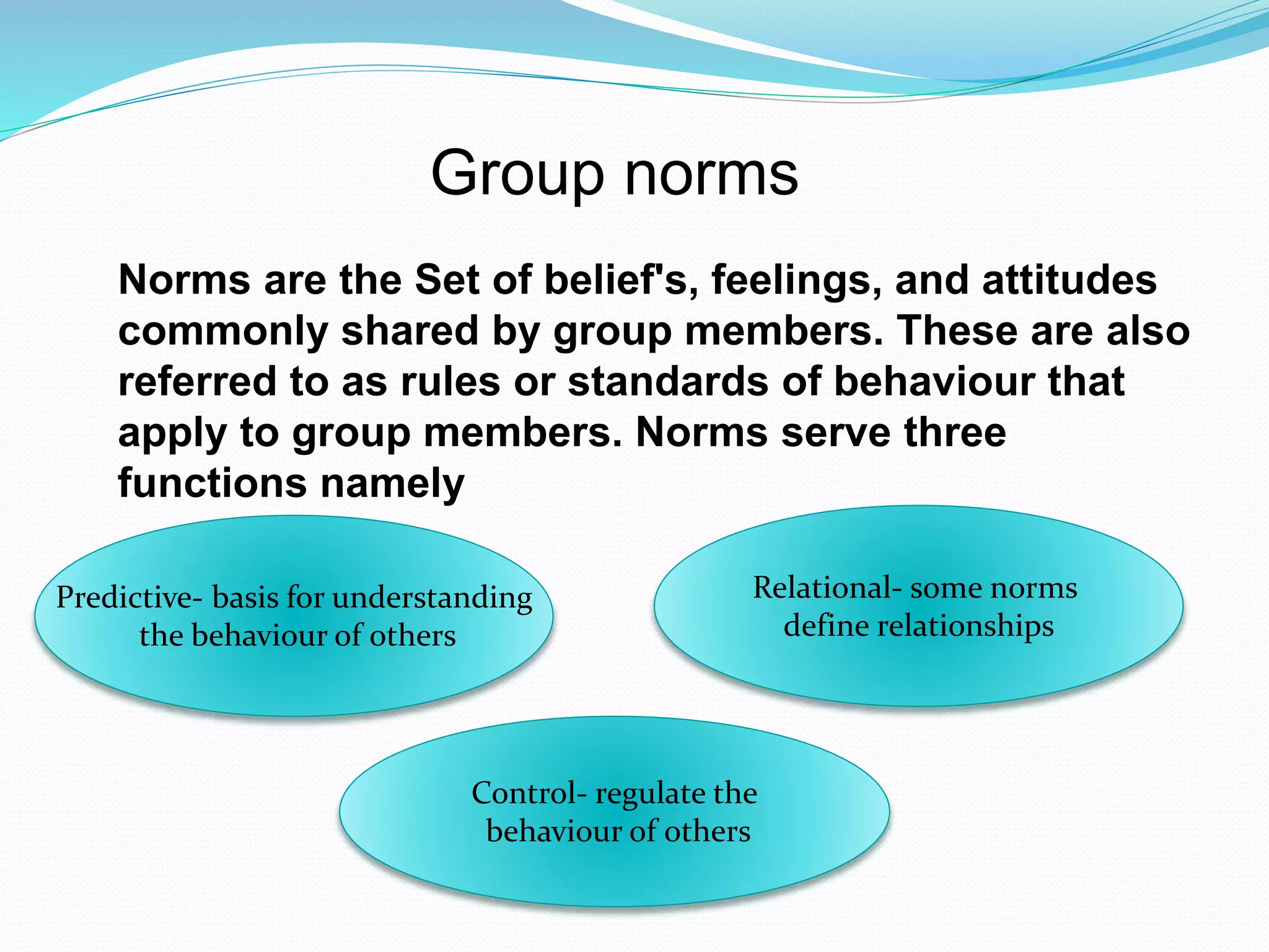 Group norms 
Norms are the Set of belief's, feelings, and attitudes 
commonly shared by group members. These are also 
referred to as rules or standards of behaviour that 
apply to group members. Norms serve three 
functions namely 
Predictive- basis for understanding 
the behaviour of others 
Relational- some norms 
define relationships 
Control- regulate the 
behaviour of others 
 