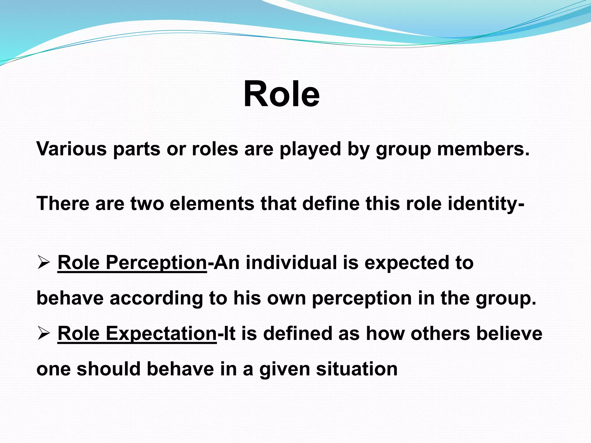 Role 
Various parts or roles are played by group members. 
There are two elements that define this role identity- 
 Role Perception-An individual is expected to 
behave according to his own perception in the group. 
 Role Expectation-It is defined as how others believe 
one should behave in a given situation 
 