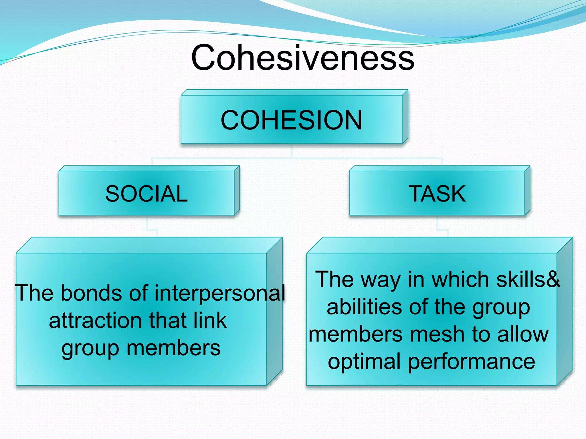 Cohesiveness 
COHESION 
SOCIAL TASK 
The bonds of interpersonal 
attraction that link 
group members 
The way in which skills& 
abilities of the group 
members mesh to allow 
optimal performance 
 