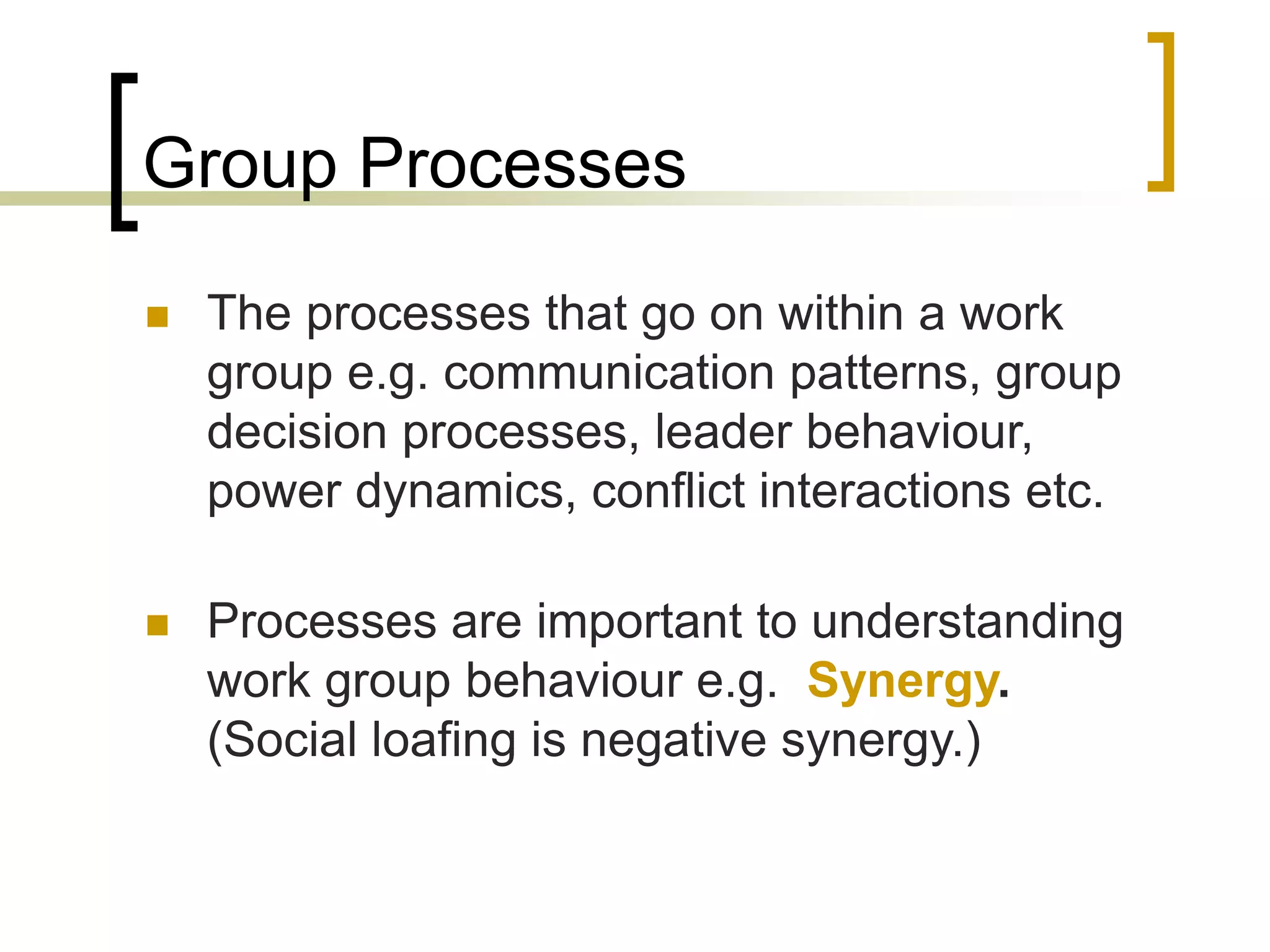 Group Processes
 The processes that go on within a work
group e.g. communication patterns, group
decision processes, leader behaviour,
power dynamics, conflict interactions etc.
 Processes are important to understanding
work group behaviour e.g. Synergy.
(Social loafing is negative synergy.)
 