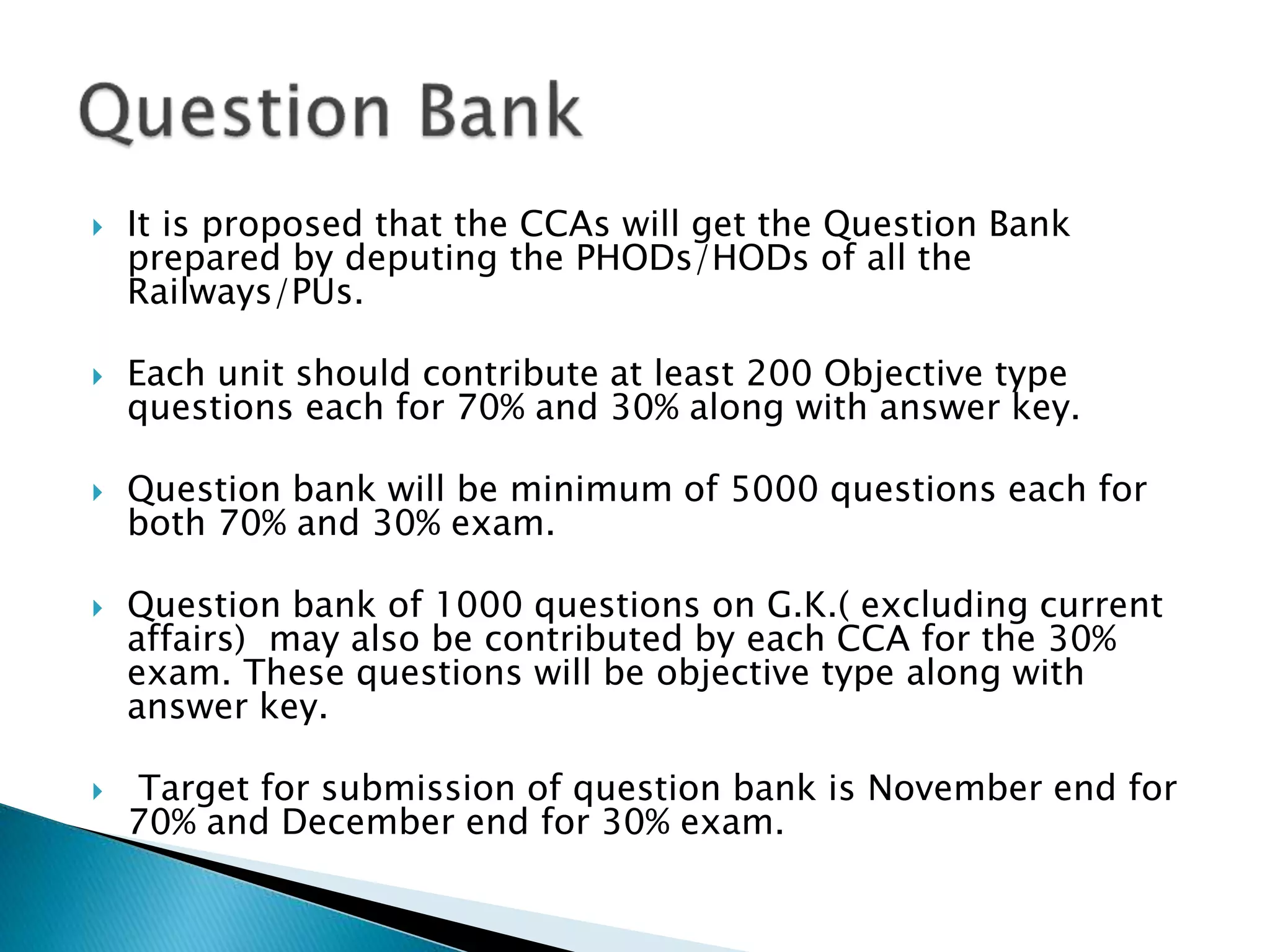  It is proposed that the CCAs will get the Question Bank
prepared by deputing the PHODs/HODs of all the
Railways/PUs.
 Each unit should contribute at least 200 Objective type
questions each for 70% and 30% along with answer key.
 Question bank will be minimum of 5000 questions each for
both 70% and 30% exam.
 Question bank of 1000 questions on G.K.( excluding current
affairs) may also be contributed by each CCA for the 30%
exam. These questions will be objective type along with
answer key.
 Target for submission of question bank is November end for
70% and December end for 30% exam.
 