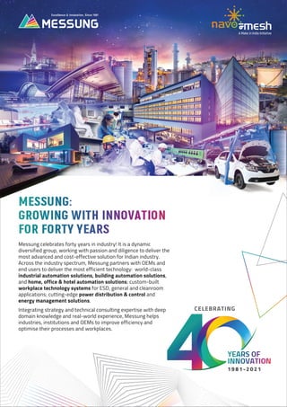 Messung celebrates forty years in industry! It is a dynamic
diversified group, working with passion and diligence to deliver the
most advanced and cost-effective solution for Indian industry.
Across the industry spectrum, Messung partners with OEMs and
end users to deliver the most efficient technology: world-class
industrial automation solutions, building automation solutions,
and home, office & hotel automation solutions; custom-built
workplace technology systems for ESD, general and cleanroom
applications; cutting-edge power distribution & control and
energy management solutions.
Integrating strategy and technical consulting expertise with deep
domain knowledge and real-world experience, Messung helps
industries, institutions and OEMs to improve efficiency and
optimise their processes and workplaces.
1981-2021
CELEBRATING
A Make in India Initiative
 