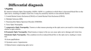 Differential diagnosis
1.Papillitis
2. Anterior Ischemic Optic Neuropathy (AION): AION is a condition in which there is decreased blood flow to the
optic nerve, resulting in sudden vision loss. It may be caused by arteritis or non-arteritic factors.
3. Central Retinal Artery Occlusion (CRAO) or Central Retinal Vein Occlusion (CRVO)
4. Multiple Sclerosis (MS)
5. Neuromyelitis Optica Spectrum Disorder (NMOSD)
6. Toxic Optic Neuropathy
7. compressive Optic Neuropathy: Tumors or other masses pressing on the optic nerve can result in vision changes
similar to optic neuritis.
8.Traumatic Optic Neuropathy: Head trauma or injury to the eye can cause optic nerve damage and vision loss.
9.Ischemic Optic Neuropathy: This condition involves reduced blood flow to the optic nerve, leading to vision
loss
10.Acute papilledema
11.Systemic sereve hypertension
12.Optical tumor compressing optic nerve
 