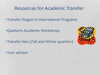Resources for Academic Transfer

• Transfer Wagon in International Programs

• Quarterly Academic Workshops

• Transfer fairs (Fall and Winter quarters)

• Your advisor
 