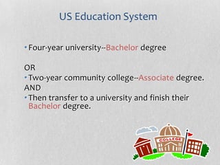 US Education System

• Four-year university--Bachelor degree

OR
• Two-year community college--Associate degree.
AND
• Then transfer to a university and finish their
  Bachelor degree.
 