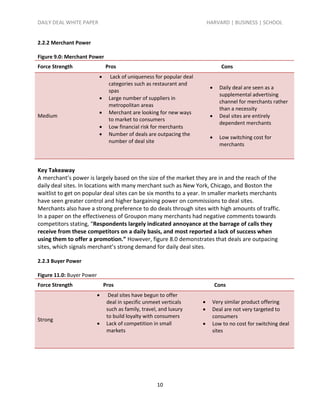 DAILY DEAL WHITE PAPER                                                      HARVARD | BUSINESS | SCHOOL


2.2.2 Merchant Power

Figure 9.0: Merchant Power
Force Strength                 Pros                                                Cons
                                 Lack of uniqueness for popular deal
                                 categories such as restaurant and
                                                                                 Daily deal are seen as a
                                 spas
                                                                                  supplemental advertising
                                Large number of suppliers in
                                                                                  channel for merchants rather
                                 metropolitan areas
                                                                                  than a necessity
                                Merchant are looking for new ways
Medium                                                                           Deal sites are entirely
                                 to market to consumers
                                                                                  dependent merchants
                                Low financial risk for merchants
                                Number of deals are outpacing the
                                                                                 Low switching cost for
                                 number of deal site
                                                                                  merchants



Key Takeaway
A merchant’s power is largely based on the size of the market they are in and the reach of the
daily deal sites. In locations with many merchant such as New York, Chicago, and Boston the
waitlist to get on popular deal sites can be six months to a year. In smaller markets merchants
have seen greater control and higher bargaining power on commissions to deal sites.
Merchants also have a strong preference to do deals through sites with high amounts of traffic.
In a paper on the effectiveness of Groupon many merchants had negative comments towards
competitors stating, “Respondents largely indicated annoyance at the barrage of calls they
receive from these competitors on a daily basis, and most reported a lack of success when
using them to offer a promotion.” However, figure 8.0 demonstrates that deals are outpacing
sites, which signals merchant’s strong demand for daily deal sites.

2.2.3 Buyer Power

Figure 11.0: Buyer Power
Force Strength                 Pros                                              Cons
                                Deal sites have begun to offer
                                deal in specific unmeet verticals            Very similar product offering
                                such as family, travel, and luxury           Deal are not very targeted to
                                to build loyalty with consumers               consumers
Strong
                               Lack of competition in small                 Low to no cost for switching deal
                                markets                                       sites




                                                      10
 