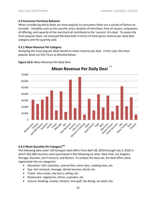 DAILY DEAL WHITE PAPER                                             HARVARD | BUSINESS | SCHOOL


4.3 Consumer Purchase Behavior
When considering which deals are most popular to consumers there are a variety of factors to
consider. Variables such as the voucher price, location of merchant, time of season, uniqueness
of offering, and capacity of the merchant all contribute to the ‘success’ of a deal. To assess the
most popular deals, we analyzed the data both in terms of mean gross revenue per daily deal
category and the quantity sold.

4.3.1 Mean Revenue Per Category
Analyzing the most popular deals based on mean revenue per deal. In this case, the most
popular deals are City Tours as detailed below.

Figure 22.0: Mean Revenue Per Daily Deal
                                                                          xxvii
                           Mean Revenue Per Daily Deal
  70,000

  60,000

  50,000

  40,000

  30,000

  20,000

  10,000

       0




4.3.2 Mean Quantity Per Categoryxxxi
The following data cover 120 Groupon deal offers from April 28, 2010 through July 3, 2010 in
which 362,384 vouchers were purchased in the following six cities: New York, Los Angeles,
Chicago, Houston, San Francisco, and Boston. To analyze the data set, the deal offers were
segmented into six categories:
     Education- kid’s activities, science fairs, wine class, cooking class, etc.
     Spa- hair removal, massage, dental services, facial, etc.
     Travel- city cruises, city tours, sailing, etc.
     Restaurant- vegetarian, ethnic, cupcakes, etc.
     Leisure- bowling, movies, theatre, mini-golf, sky diving, car wash, etc.

                                               25
 