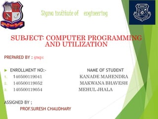 Sigma institute of engineering
SUBJECT: COMPUTER PROGRAMMING
AND UTILIZATION
PREPARED BY : group c
 ENROLLMENT NO:- NAME OF STUDENT
1. 140500119041 KANADE MAHENDRA
2. 140500119052 MAKWANA BHAVESH
3. 140500119054 MEHUL JHALA
ASSIGNED BY ;
PROF.SURESH CHAUDHARY
 