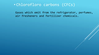 • Chlorofloro carbons (CFCs) 
Gases which emit from the refrigerator, perfumes, 
air fresheners and fertilizer chemicals. 
 