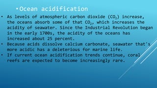 • Ocean acidification 
• As levels of atmospheric carbon dioxide (CO2) increase, 
the oceans absorb some of that CO2, which increases the 
acidity of seawater. Since the Industrial Revolution began 
in the early 1700s, the acidity of the oceans has 
increased about 25 percent. 
• Because acids dissolve calcium carbonate, seawater that's 
more acidic has a deleterious for marine life. 
• If current ocean acidification trends continue, coral 
reefs are expected to become increasingly rare. 
 