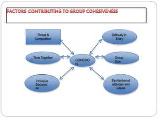 Threat &
Competition
COHESIO
N
Time Together
Previous
Success
es
Difficulty in
Entry
Group
Size
Similaritiesof
attitudes and
values
 