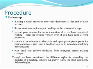Follow-up
 if using a word processor save your document at the end of each
section;
 do not start new topics or put headings at the bottom of a page;
 re-read your minutes for errors some time after you have completed
writing— read the printed version even if you have used a word
processor;
 circulate the minutes to the chair and appropriate participants for
their comments; give them a deadline to send in amendments if they
have any; and
 wait until you receive feedback from everyone before making
changes.
Though we have mentioned the different styles for recording the
minutes of a meeting, Exhibits 7.2 and 7.3_show the most commonly
followed styles.
94
Procedure
 
