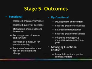 Stage 5- Outcomes
• Functional
– Increased group performance
– Improved quality of decisions
– Stimulation of creativity and
innovation
– Encouragement of interest
and curiosity
– Provision of a medium for
problem solving
– Creation of an environment
for self-evaluation and
change
• Dysfunctional
– Development of discontent
– Reduced group effectiveness
– Retarded communication
– Reduced group cohesiveness
– Infighting among group
members overcomes group
goals
• Managing Functional
Conflict
– Reward dissent and punish
conflict avoiders
 