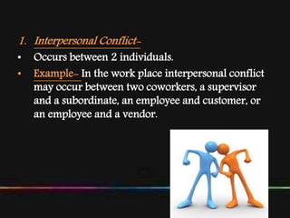 1. Interpersonal Conflict-
• Occurs between 2 individuals.
• Example- In the work place interpersonal conflict
may occur between two coworkers, a supervisor
and a subordinate, an employee and customer, or
an employee and a vendor.
 