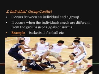 2. Individual-Group Conflict
• Occurs between an individual and a group.
• It occurs when the individuals needs are different
from the groups needs, goals or norms.
• Example – basketball, football etc.
 