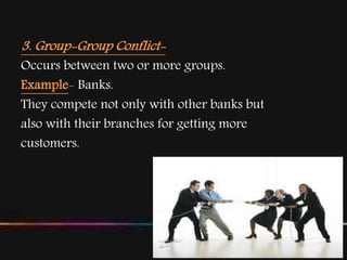 3. Group-Group Conflict-
Occurs between two or more groups.
Example- Banks.
They compete not only with other banks but
also with their branches for getting more
customers.
 