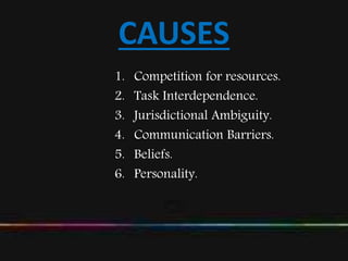 CAUSES
1. Competition for resources.
2. Task Interdependence.
3. Jurisdictional Ambiguity.
4. Communication Barriers.
5. Beliefs.
6. Personality.
 