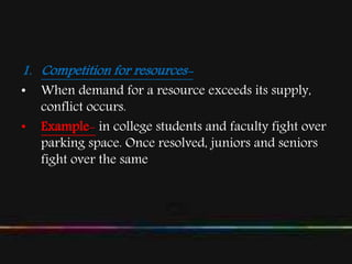 1. Competition for resources-
• When demand for a resource exceeds its supply,
conflict occurs.
• Example- in college students and faculty fight over
parking space. Once resolved, juniors and seniors
fight over the same.
 