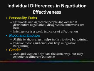 Individual Differences in Negotiation
Effectiveness
• Personality Traits
– Extroverts and agreeable people are weaker at
distributive negotiation; disagreeable introverts are
best
– Intelligence is a weak indicator of effectiveness
• Mood and Emotion
– Ability to show anger helps in distributive bargaining
– Positive moods and emotions help integrative
bargaining
• Gender
– Men and women negotiate the same way, but may
experience different outcomes
 