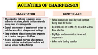 ELABORATOR
• When speaker not able to express ideas,
elaborate his views, should facilitate them by
asking ques or raising points
• Overall environment of session with a view to
maintain warmth of interpersonal feelings
• Keep total time allotted in mind and organize
each student to express his ideas
• If novel ideas speak more or when tension
comes, maintain neutrality and mediate and
sum up without hurting feelings
CONTROLLER
• When discussion goes beyond context,
bring back to theme
• CLOSING THE INTERACTIVE SESSION within
time allotted
• highlight and summarize views and
arguments
• takes note during session
Activities of chairperson
 