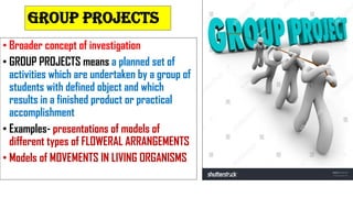 GROUP PROJECTS
• Broader concept of investigation
• GROUP PROJECTS means a planned set of
activities which are undertaken by a group of
students with defined object and which
results in a finished product or practical
accomplishment
• Examples- presentations of models of
different types of FLOWERAL ARRANGEMENTS
• Models of MOVEMENTS IN LIVING ORGANISMS
 