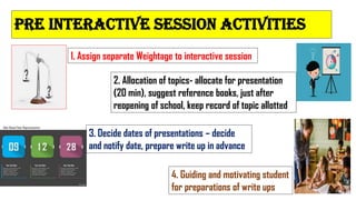 PRE INTERACTIVE SESSION ACTIVITIES
1. Assign separate Weightage to interactive session
2. Allocation of topics- allocate for presentation
(20 min), suggest reference books, just after
reopening of school, keep record of topic allotted
3. Decide dates of presentations – decide
and notify date, prepare write up in advance
4. Guiding and motivating student
for preparations of write ups
 
