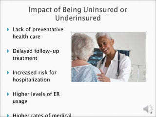 Lack of preventative health care Delayed follow-up treatment Increased risk for hospitalization Higher levels of ER usage Higher rates of medical morbidity 