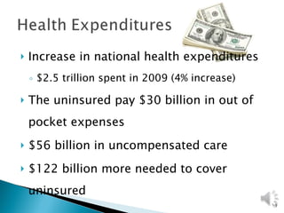 Increase in national health expenditures $2.5 trillion spent in 2009 (4% increase) The uninsured pay $30 billion in out of pocket expenses $56 billion in uncompensated care $122 billion more needed to cover uninsured  