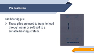 Pile Foundation
End bearing pile:
 These piles are used to transfer load
through water or soft soil to a
suitable bearing stratum.
14
 