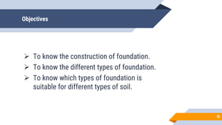 Objectives
 To know the construction of foundation.
 To know the different types of foundation.
 To know which types of foundation is
suitable for different types of soil.
5
5
 
