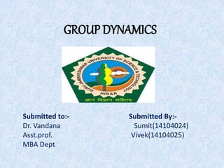 GROUP DYNAMICS 
Submitted to:- Submitted By:- 
Dr. Vandana Sumit(14104024) 
Asst.prof. Vivek(14104025) 
MBA Dept 
 