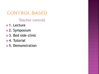 Teacher control:
 1. Lecture
 2. Symposium
 3. Bed side clinic
 4. Tutorial
 5. Demonstration
 
