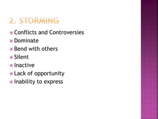  Conflicts and Controversies
 Dominate
 Bend with others
 Silent
 Inactive
 Lack of opportunity
 Inability to express
 