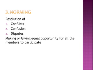Resolution of
1. Conflicts
2. Confusion
3. Disputes
Making or Giving equal opportunity for all the
members to participate
 