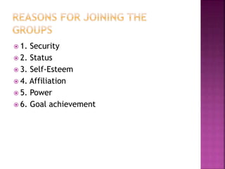  1. Security
 2. Status
 3. Self-Esteem
 4. Affiliation
 5. Power
 6. Goal achievement
 