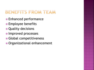  Enhanced performance
 Employee benefits
 Quality decisions
 Improved processes
 Global competitiveness
 Organizational enhancement
 