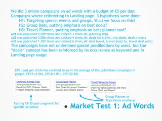 We did 3 online campaigns on ad words with a budget of €5 per day:
Campaigns where redirecting to Landing page. 3 hypothesis were done:
    H1: Targeting special events and groups. Shall we focus on this?
    H2: Group Deal, putting emphasis on best deals?
    H3: Travel Planner, putting emphasis on best planner tool?
Ad1 was published 9.099 times and clicked 3 times.(K: planning trip)
Ad2 was published 3.026 times and clicked 4 times.(K: deals for travel, trip deals, deals travel)
Ad3 was published 1.387 times and clicked 6 times.(K: deal travel, travel deals to, travel deal with)
The campaigns have not underlined special predilections by users, but the
“deals“ concept has been reinforced by its occurrence as keyword and in
Landing page usage.


  CPC (cost per click) has revelled to be in the average of the publicitary compaigns in
  google. CPC1 (1.06), CPC2(1.03), CPC3(0.82)




                                                                   Group Planner or
                                                                   Trips Deals emphasys
 Testing 18-30 years segment for
 specific activities                 ● Market Test 1: Ad Words
 