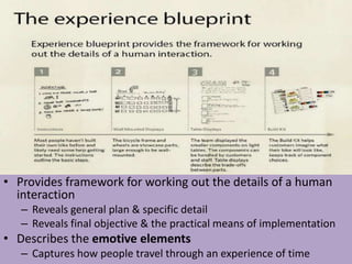 • Provides framework for working out the details of a human
  interaction
   – Reveals general plan & specific detail
   – Reveals final objective & the practical means of implementation
• Describes the emotive elements
   – Captures how people travel through an experience of time
 