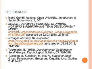 REFERENCES
 Indira Gandhi National Open University, Introduction to
Social Group Work, 1, 5-7
 BRUCE TUCKMAN’S FORMING, STORMING,
NORMING & PERFORMING TEAM DEVELOPMENT
MODEL,
http://sst7.org/media/BruceTuckman_Team_Developme
nt_Model.pdf, accessed on 22.03.2018, 2346 IST
 5 Stages of Group Development,
https://www.med.fsu.edu/uploads/files/FacultyDevelopm
ent_GroupDevelopment.pdf, accessed on 22.03.2018,
1145 IST
 Tuckman’s, B. (1965), Developmental Sequence in
Small Groups. Psychological Bulletin, 63, 384-399
 Tuckman, B. & Jensen, M. (1977), Stages of Small
Group Development, Group and Organizational Studies,
2, 419-427
 