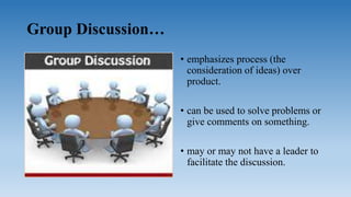 Group Discussion…
• emphasizes process (the
consideration of ideas) over
product.
• can be used to solve problems or
give comments on something.
• may or may not have a leader to
facilitate the discussion.
 