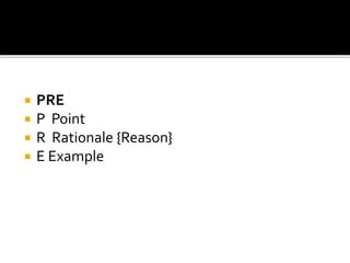  PRE
 P Point
 R Rationale {Reason}
 E Example
Thought Generation Method
 